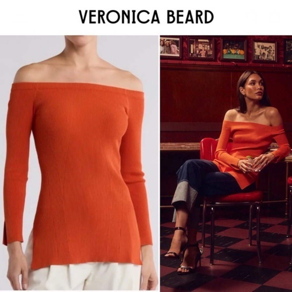 Veronica Beard Vibrant Deep Orange Derick Ribbed Off-Shoulder Pullover NWT 378$